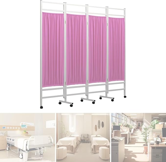 Medical Privacy Screen on Wheels, Foldable Medical Room Divider with Lockable casters, Waterproof Nylon Panel, Portable Privacy Screen for Room, Easy to Clean (Pink 4 Panels)