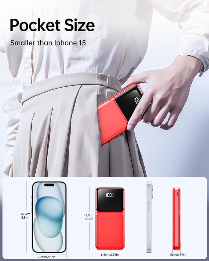 Portable Charger with Built in Cable - 22.5W Power Bank Fast Charging USB C 10000mAh LED Display Travel Battery Pack 5 Outputs & 3 Inputs for iPhone Samsung Android iPad Phones Tablets etc