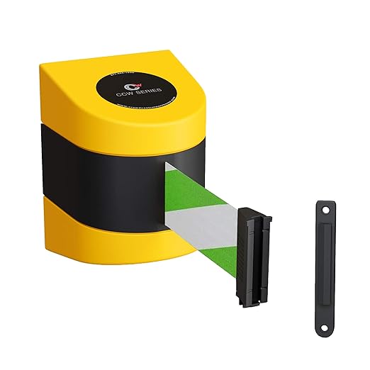 Crowd Control Warehouse - CCW Series WMB-220 Fixed Wall Mount Retractable Belt Barrier - 15 Foot, Green and White Diagonal Belt with Yellow ABS Case