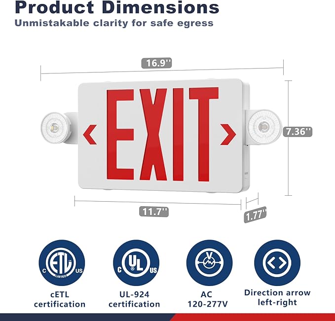 Exit Sign with Emergency Lights,LED Emergency Exit Light with Battery Backup,AC 120/277V, Commercial Emergency Lights Combo for Business Wall Or Ceiling Mount ETL Listed 1 Pack