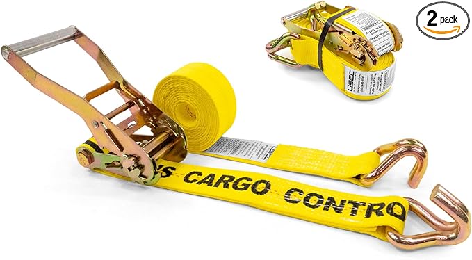 US Cargo Control Wire Hook Ratchet Straps 2 Inch x 12 Foot (2-Pack), 10,000 LBS Break Strength, Ratchet Straps Heavy Duty with Double J Hooks, Cargo Tie Downs for Flatbed Trailers and Trucks
