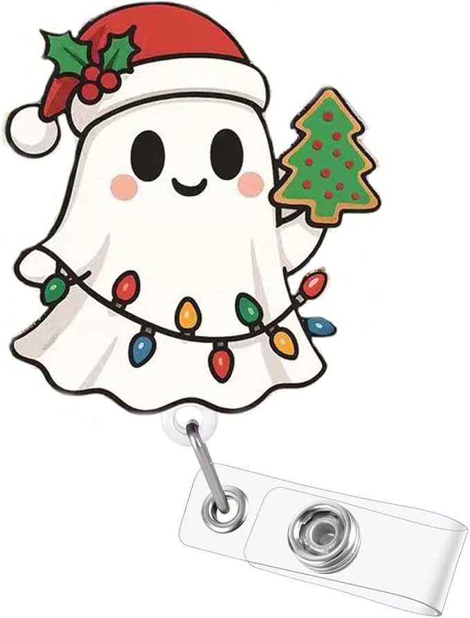 Cute Christmas Colored Lights Ghost Badge Reel Winter Holly Nurse Nursing Badge Clip with Retractable & Rotate Alligator Clip Christmas Badge Holder for RN CNA LPN Medical Worker