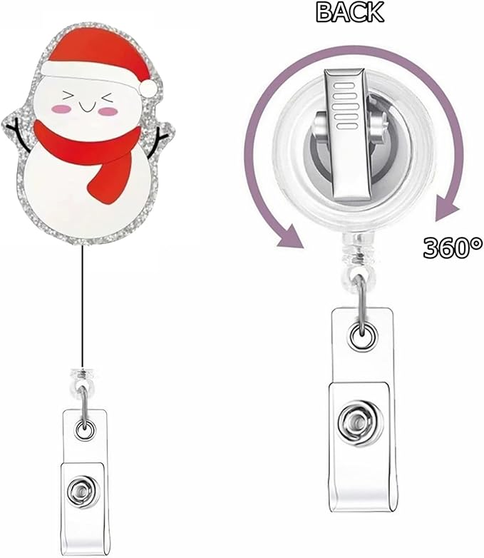 Christmas Badge Holder Snowman Retractable ID Badge Reel with Alligator Clip Glitter Snowman Acrylic Badge Reels with Hat ID Name Tag for Nurse Nursing Student Office Teacher Holiday Badge Accessories