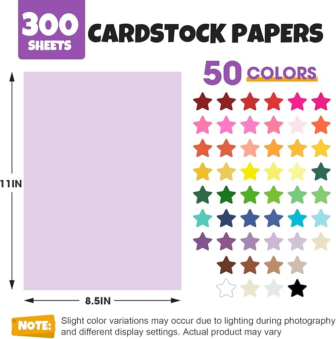 300 Sheets 8.5" X 11" Colored Cardstock, 50 Assorted Colors Construction Paper Card Stock Printer Paper for Printing, Card Making, DIY Crafts, School Supplies,Party Decorations (180GSM/65LB)