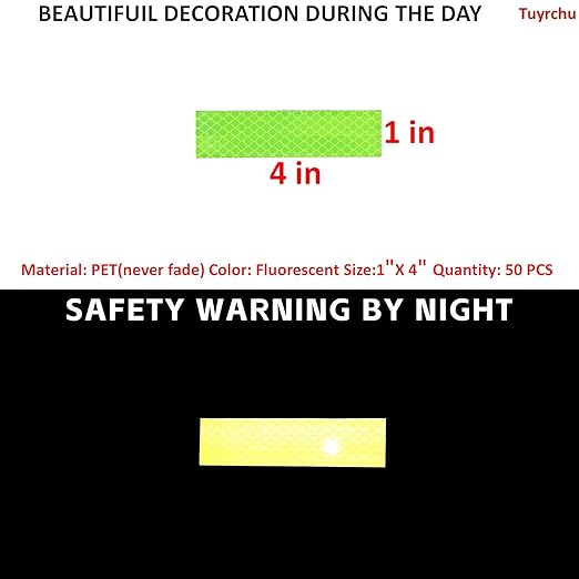 Non Fading Fluorescent Yellow Reflective Stickers 1 inch X 4 inch, Outdoor Waterproof High Visibility Safety Adhesive Reflector (50 Pcs)