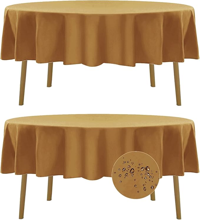 Fokitut 2 Pack Waterproof Round Tablecloth, 70 Inch, Stain Resistant and Wrinkle Polyester Table Cloth, Fabric Table Cover for Kitchen Dining, Wedding, Party, Holiday Dinner-Gold