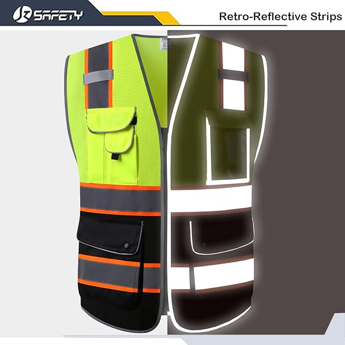 JKSafety 9 Pockets High Visibility Dual Color Zipper Front MESH Lite Safety Vest | Orange Color Triming Reflective Strip | ANSI/ISEA Standards (100-Yellow-Black, 3XL)