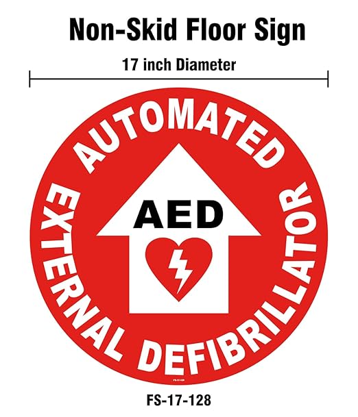 Stranco Non-Slip Floor Sign “AUTOMATIC EXTERNAL DEFIBRILLATOR” | 17” Black and White on Red | Permanent Acrylic Adhesive, Pebble-Textured Laminate, Durable 20 mil Construction, Slip-Resistant Safety Label