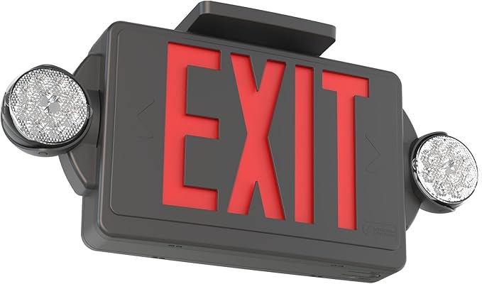 Lithonia Lighting LHQM Quantum LED Exit Sign/Emergency Light Combo, Exit Sign and Emergency Lights for Business, 2-Head Fixture, Red Letters, 180 Lumens, MVolt, 4 Watts, Black