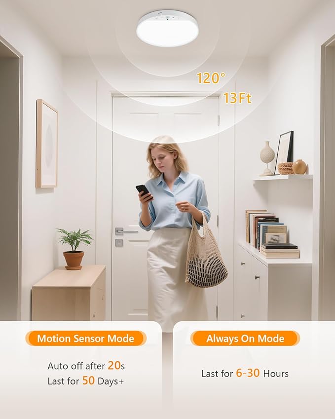 Rechargeable 8W Motion Sensor Ceiling Light Indoor, No Wiring & Magnetic Stick-On, Remote Control for Color & Brightness, Battery Operated Light for Shower, Closet, Bathroom, Pantry, Hallway, 1-Pack
