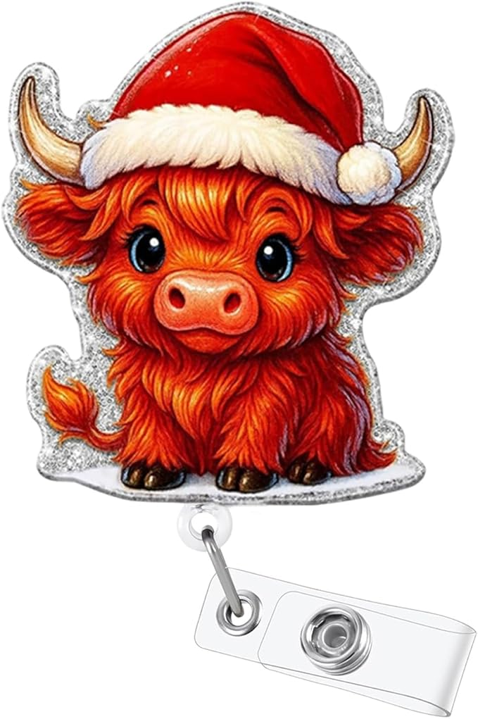 Christmas Cow Badge Reel Red New Year Retractable Cute Badge Clip with 24” Durable Nylon Cord Xmas Winter Badge Holder for Nurse Nursing Doctor Medical Worker Name Tag Accessories