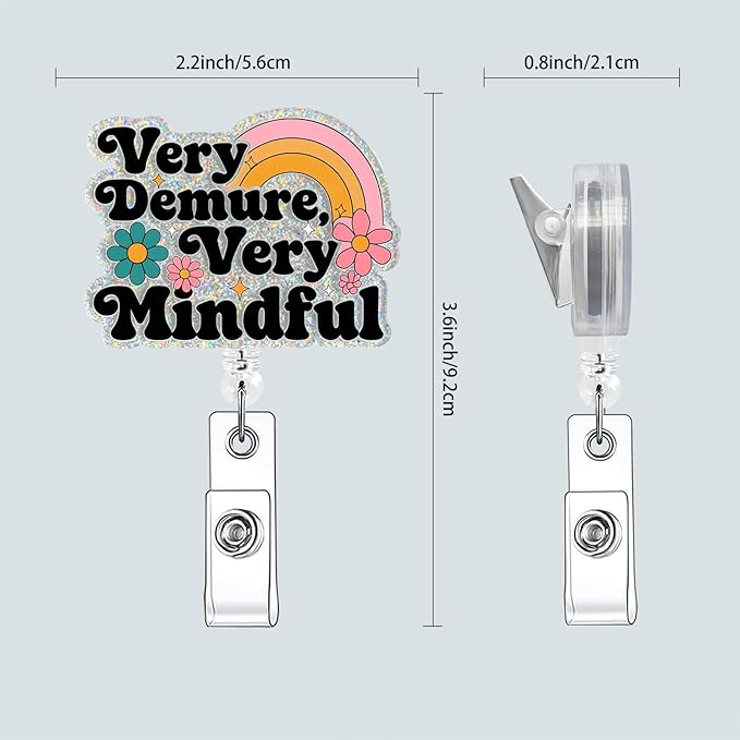 Very Demure Badge Buddy, Retractable Badge Reel with Alligator Clip, Funny Glitter Acrylic Badge Holder for Nurse Office Worker, (Demure)
