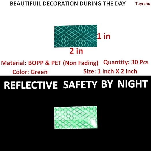 Green Reflective Stickers 1 inch X 2 inch, Outdoor Waterproof High Visibility Warning Safety Adhesive Reflector Tape (30 Pcs)