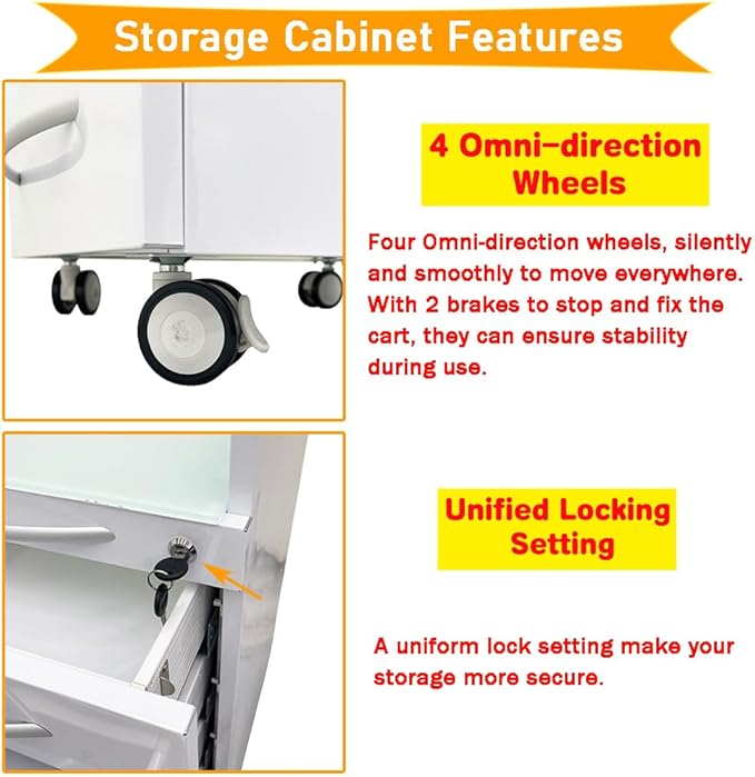 Dental Assistant's Mobile Cabinet 5 Drawer Office File Storage Cart Mobile Utility Storage Cart Stainless Steel Moving Side Cabinet with 2 Pallets Lock Wheels for Dental Medical Office