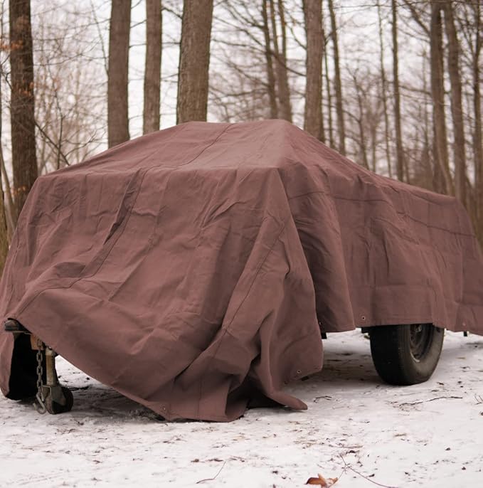 WHITEDUCK 20'x20' Canvas Tarp 18 oz/37 Mil Heavy Duty Waterproof UV Resistant, Rustproof Grommets, Industrial & Commercial Use Cloth Tarp (Finished Size: 19'6"x19'6", Brown)