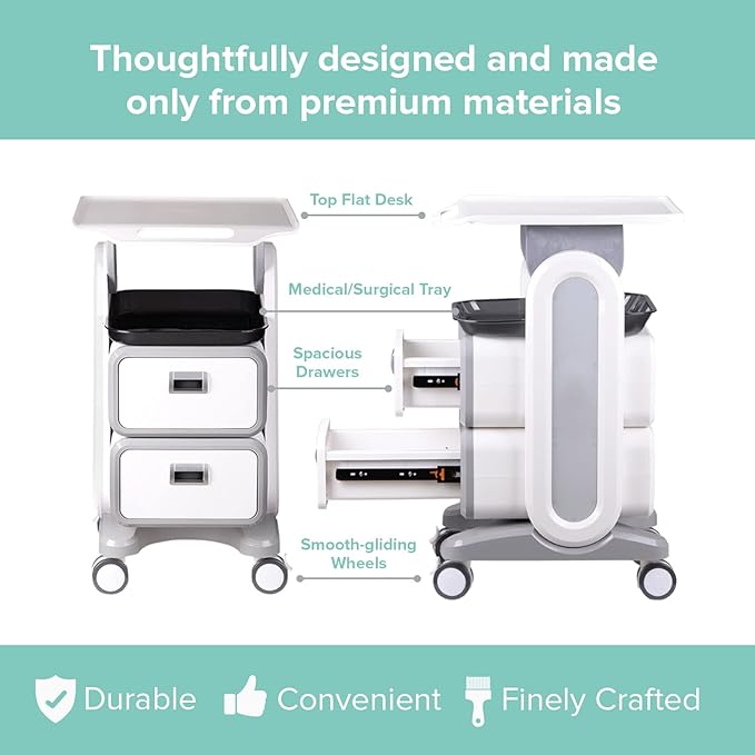 Professional Utility Cart with Wheels - Rolling Dental Office Cart with Drawers - Medical Trolley for Cavitation Machine, Esthetician Supplies, Lab Tools - Salon Trolley