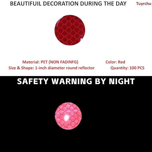 Non Fading Red Reflective Stickers 1-inch Diameter Round Reflector, Outdoor Waterproof High Visibility Warning Adhesive Tape (100 Pcs)