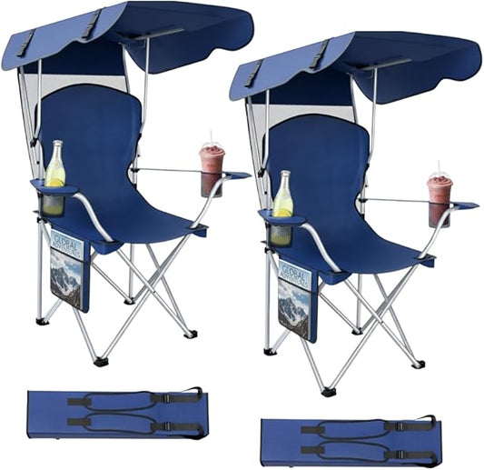 Portable Folding Camping Chairs with Canopy Shade, Beach Chair for Adults, Durable Weather Resistant 600D Oxford Cloth, Camping Chair with Canopy for Outdoors [Navy-2 Pack]