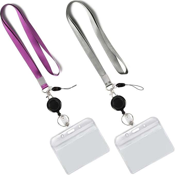 YOUOWO 2 Pack Lanyard with ID Badge Holders Horizontal and Retractable Badge Reel,Purple Grey Office Neck Lanyards with id Card Holder Punched Zipper Waterproof Resealable