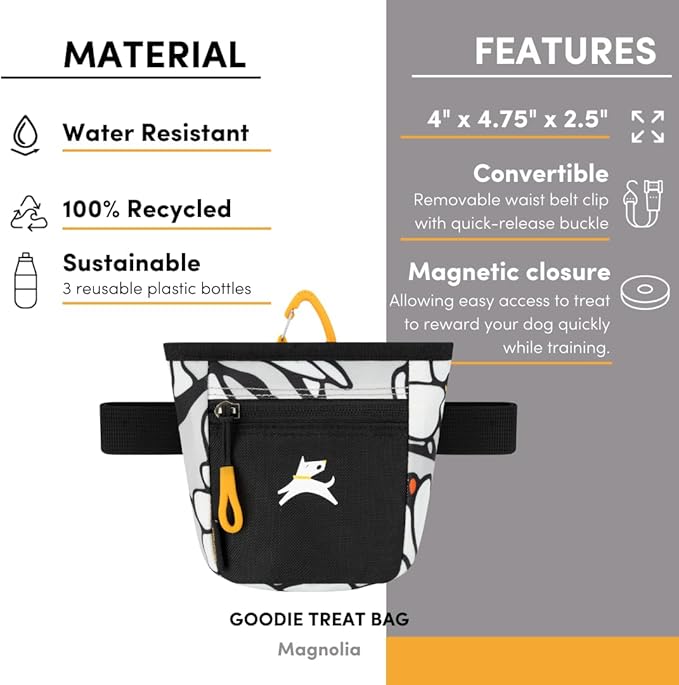 OllyDog Goodie Treat Bag, Dog Treat Pouch, Waist Belt Clip for Hands-Free Training, Magnetic Closure, Dog Training and Behavior Aids, Three Ways to Wear (Magnolia)