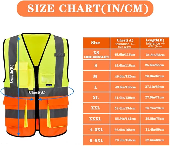 Small High Visibility Safety Vest with 7 Pockets, Multi Frontal Pockets Lighetweight Safety Vest with Reflective Strips and Zipper, Yellow&Orange Color Mixed