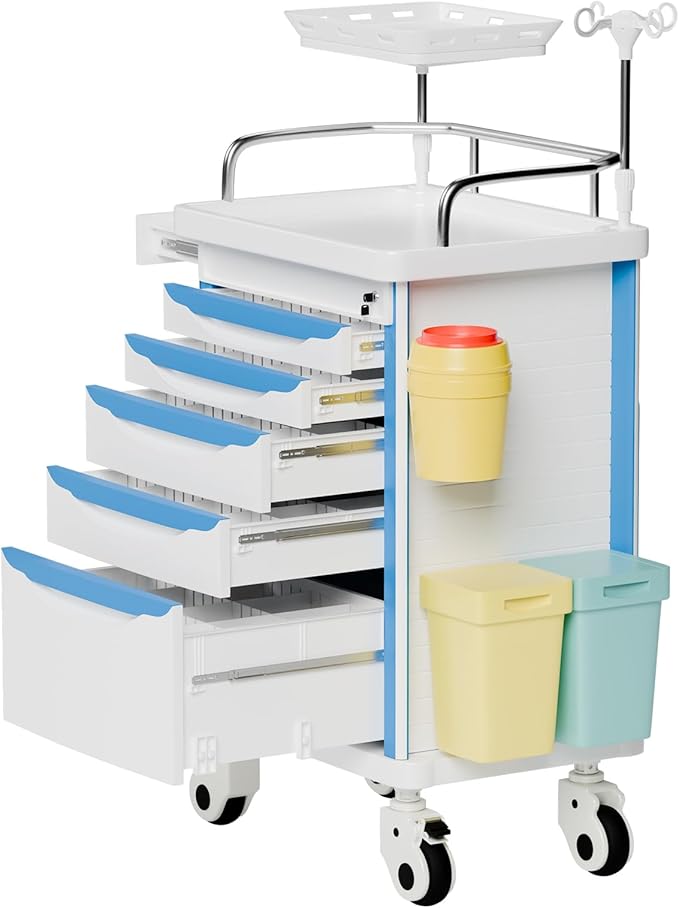 Medical Crash Cart with Emergency Accessory-CPR Board, IV Pole, O2 Holder, Trash Bin, 5 Drawers Nursing Cart with Dividers for Hospital, Clinic, Lab