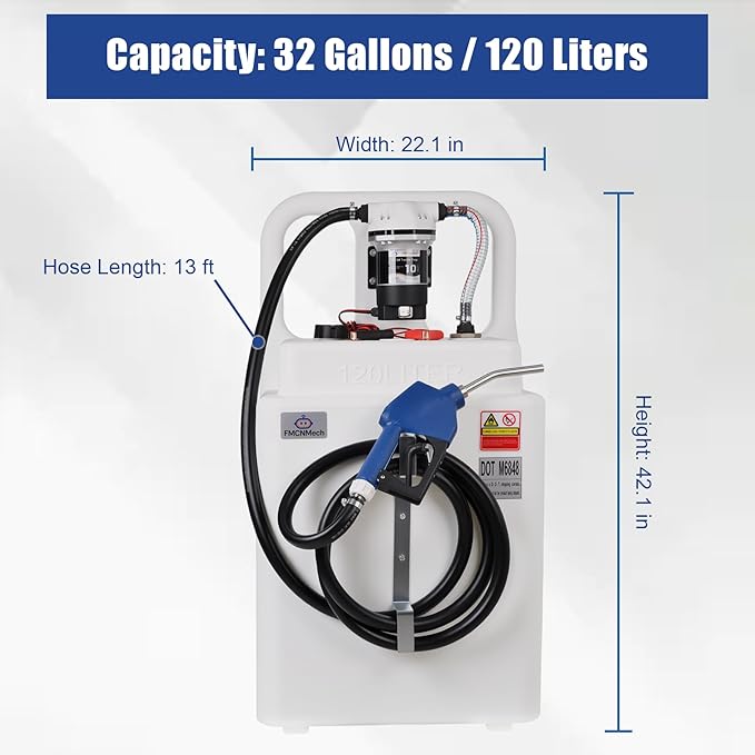 32 Gallon Portable DEF Transfer Tank with 12V 10GPM Electric Pump, Dual-Wheel Design, Auto Shut-off Stainless Steel Nozzle, HDPE DEF Caddy for Trucks, Farm Tractors & Fleets