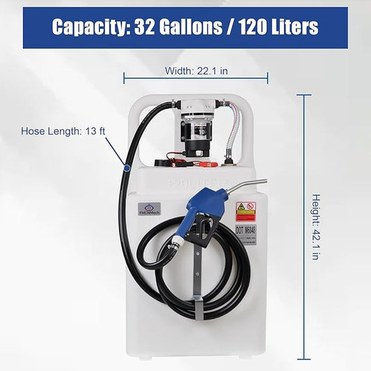 32 Gallon Portable DEF Transfer Tank with 12V 10GPM Electric Pump, Dual-Wheel Design, Auto Shut-off Stainless Steel Nozzle, HDPE DEF Caddy for Trucks, Farm Tractors & Fleets