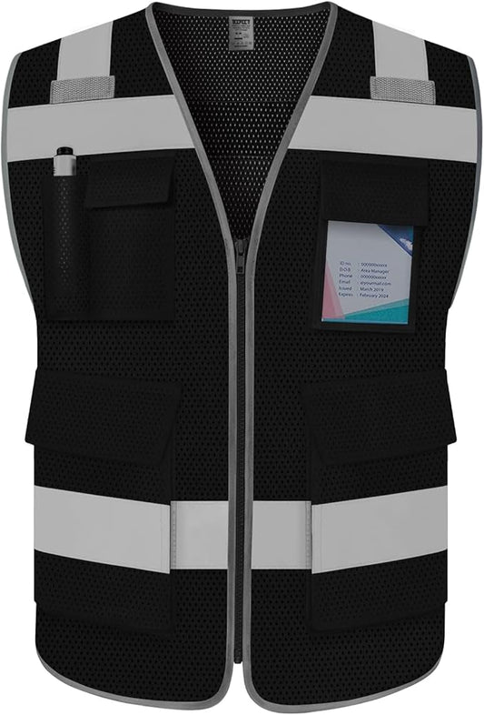 TCCFCCT Mesh Safety Vest for Men Women 5 Pockets Reflective Vest with Reinforced Zipper, High Visibility Construction Work Vest with Tabs for Walkie-talkie, Durable to Use, Meets ANSI/ISEA, Black, XXL