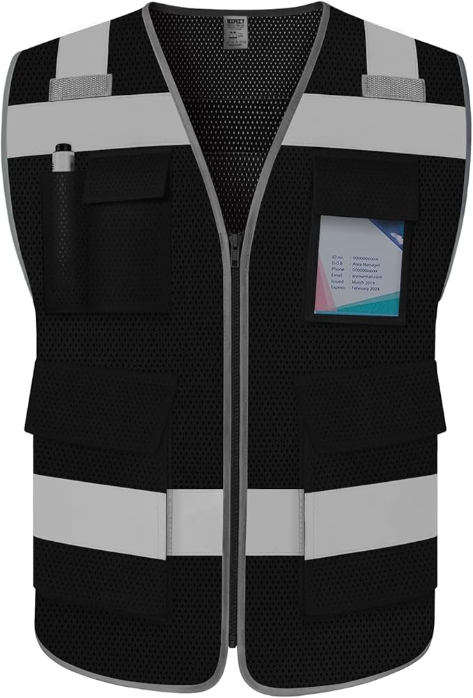 TCCFCCT Mesh Reflective Safety Vest with 5 Pockets High Visibility Vest for Men Women, Work Vest with Horizontal Strip for Walkie-talkie and ID Card, Meets ANSI/ISEA Standards, Black, 4XL