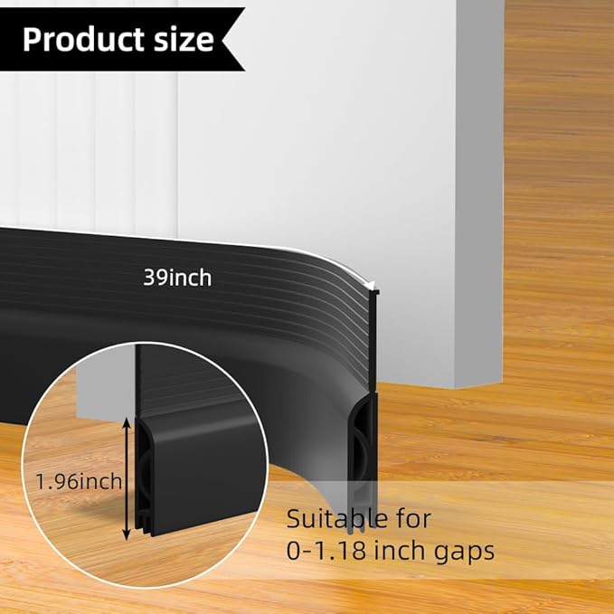 Door Draft Stopper, Adjustable Weather Stripping Seal for Cold Insulation, Bottom/Under Sweep for Exterior & Interior Doors, Seal Blocker Noise, Black, 39 inches