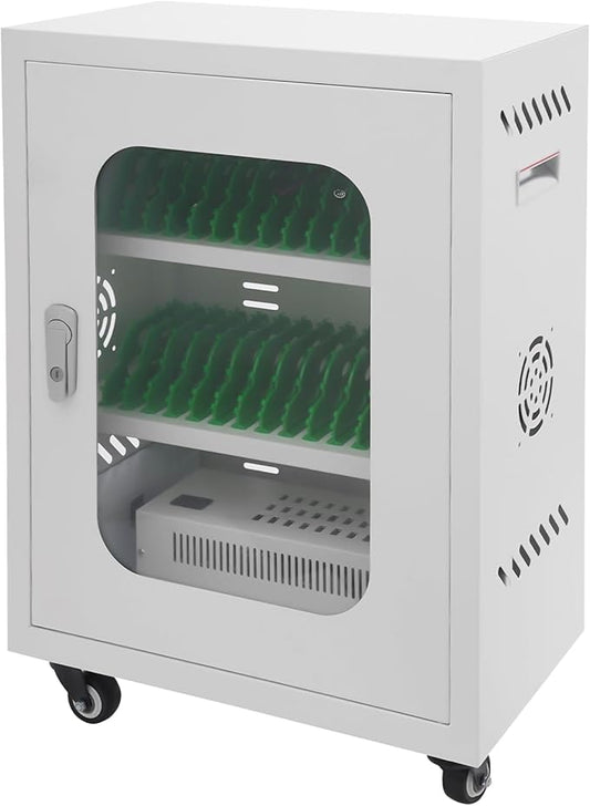 30 Slots Cell Phones Charging Station, Rechargeable Cellphone Locker Storage Charging Station, Mobile Charging Cart with Charging Ports, Wheels & Combination Lock (White)