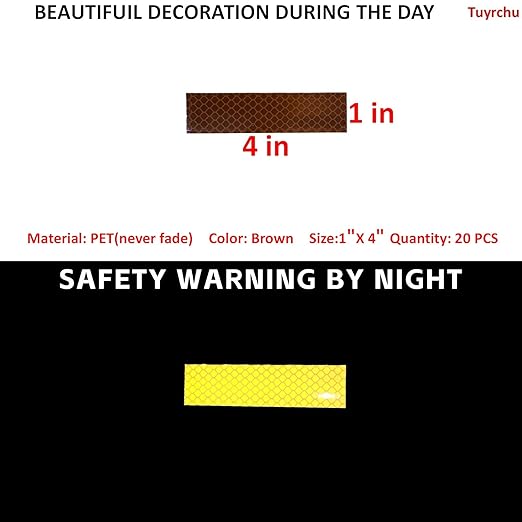 Non Fading Brown Reflective Stickers 1 inch X 4 inch, Outdoor Waterproof High Visibility Warning Safety Adhesive Reflector Tape (20 Pcs)
