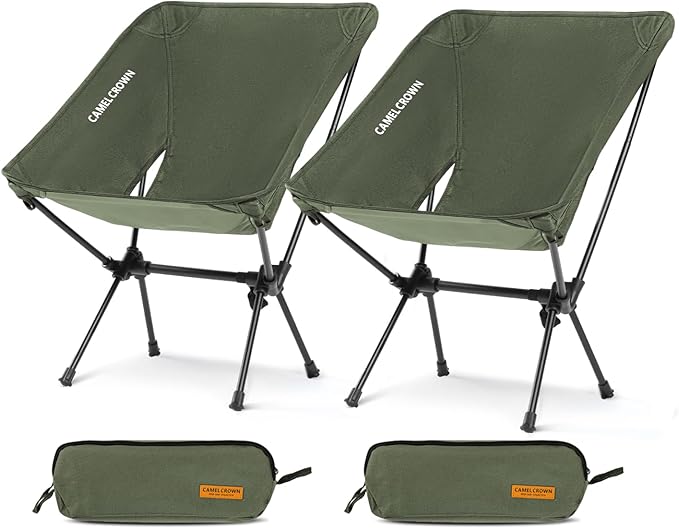 CAMEL CROWN Portable Camping Chair Folding Compact Lawn Lightweight Backpacking Chair with Carry Bag for Outdoor Hiking Beach Travel Picnic Festival Army Green 2pc