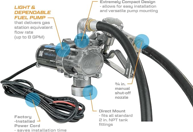 GPI - EZ-8 Fuel Transfer Pump, Manual Shut-Off Nozzle with Direct Mount, 8 GPM, 12 Volt (137100-01)