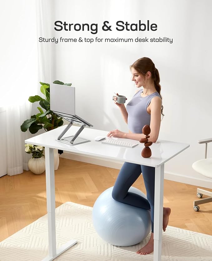 Marsail Glass Standing Desk with Drawer, 48 x 24 Inches Office Desk, Electric Standing Desk with One-Piece Tempered Glass Top, Ergonomic Home Office Sit Stand Desk with 4 Preset Heights, White