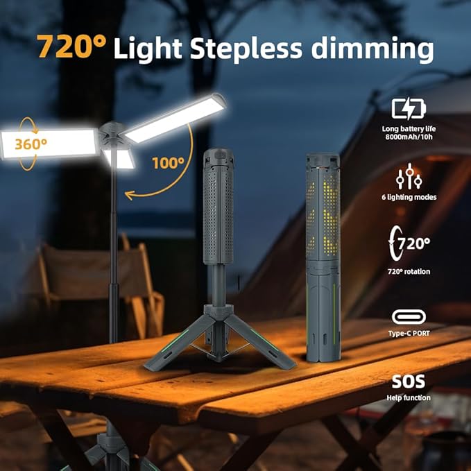 Rechargeable 8000mAh Camping and Work Light with Adjustable Stand 3.4 ft, 3000 Lumen Cordless Work Light Featuring 3 Adjustable Heads, Dimmable Emergency Flashlight with Telescopic Tripod