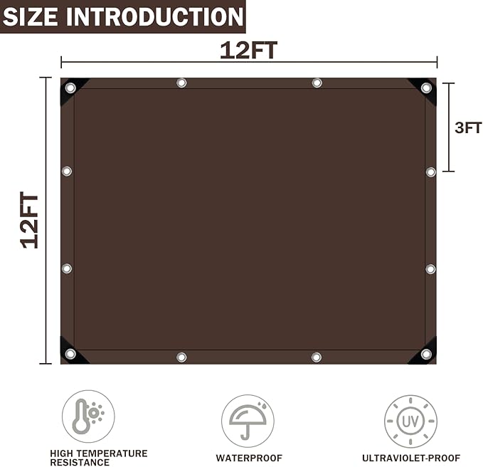 Tarps Heavy Duty Waterproof, 16 Mil Large Tarps with Grommets, UV Resistant and Tear&Fade Resistant, Brown Heavy Duty Tarps for Outdoors Patio Camping, 12 * 12FT