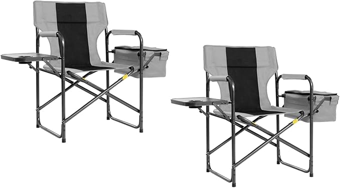 Director Camping Chair Set of 2 with Cooler Bag & Foldable Side Tray - 400lbs Heavy Duty Outdoor Folding Lawn Chair, Portable Camp Chair for Fishing/Backyard (Black & Gray)