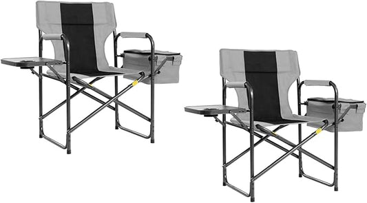 Director Camping Chair Set of 2 with Cooler Bag & Foldable Side Tray - 400lbs Heavy Duty Outdoor Folding Lawn Chair, Portable Camp Chair for Fishing/Backyard (Black & Gray)