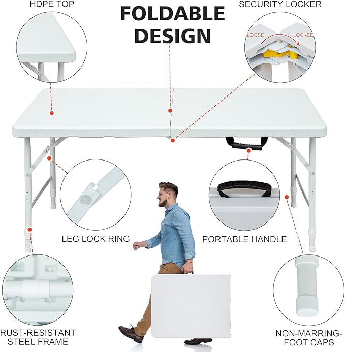 Portable 4Ft Adjustable Height Plastic Folding Table, Heavy Duty Fold-in-Half Table with Carrying Handle, Small Utility Foldable Table for Picnic Party Camping BBQ, Indoor/Outdoor(White)