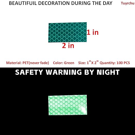 Non Fading Green Reflective Stickers 1 inch X 2 inch, Outdoor Waterproof High Visibility Warning Safety Adhesive Reflector Tape (100 Pcs)