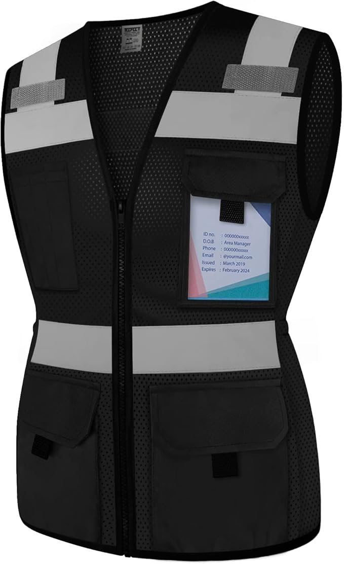 TCCFCCT Women Construction Work Vest 11 Pockets Snug-Fit High Visibility Reflective Vest with Zipper, Neon Safety Vest for Lady Surveyors/Workers, Durable and Fashion, Meets ANSI, Black XL