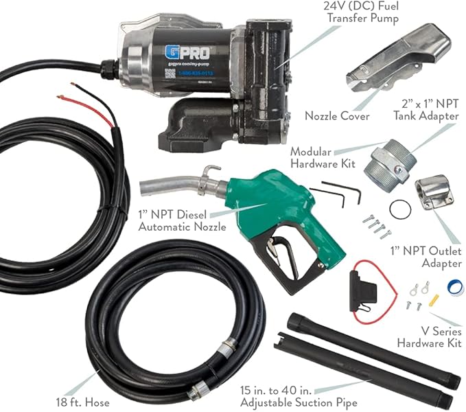 GPRO V25 Fuel Transfer Pump, Automatic Shut-Off Nozzle, 24 Volt, 25 GPM Fuel Pump, 18 ft. Hose, Power Cord, Adjustable Suction Pipe (170001-03)