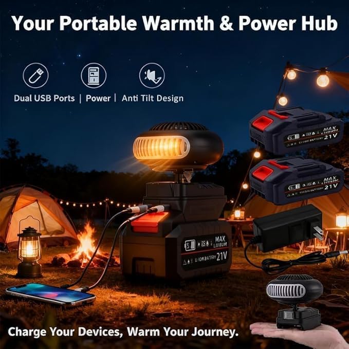 Battery Powered Heater, 2026 New Portable Rechargeable Battery Powered Space Heater Cordless with USB &3900mah Batteries/Anti Tilt Design for Camping/Indoor/Car Defroster (10 Batteries Kit)