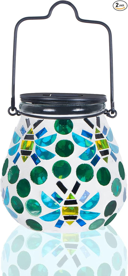 Afirst Mosaic Outdoor Lanterns - Glass Solar Hanging Lights Bee Hollow Out Waterproof Outdoor Decorative for Garden, Patio, Holiday Party Outdoor Decoration