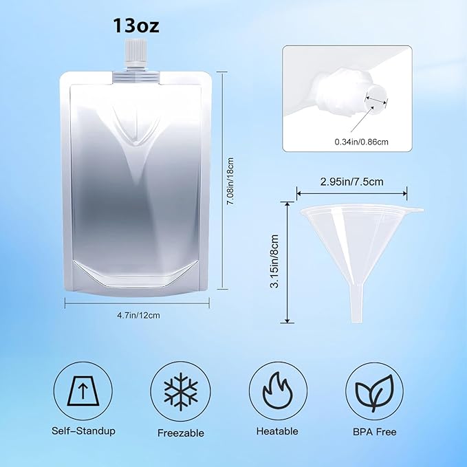 13OZ 100PCS Drink Pouches,Reusable Plastic Flask with Funnel for Drinking Liquid Beverage Juice,Stand Up Drink Bags for Travel Camping Outdoor Sport Concert Events,Leak-Proof Food Grade