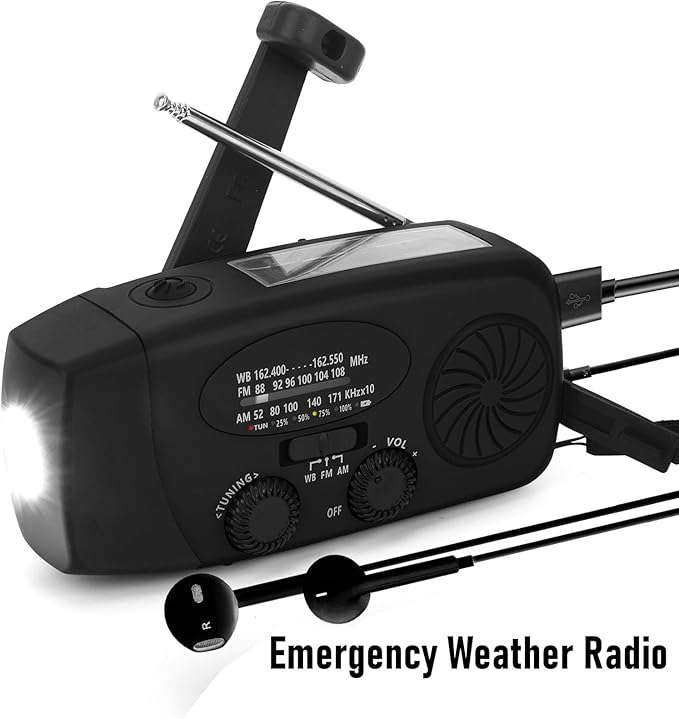 Jectse Emergency Weather Radio, FM AM WB Portable Solar Hand Crank Radio with 6000mAh Battery and LED Flashlight, for Home Outdoor Emergency (Black)