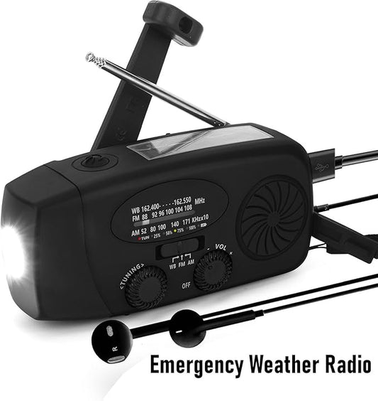 Jectse Emergency Weather Radio, FM AM WB Portable Solar Hand Crank Radio with 6000mAh Battery and LED Flashlight, for Home Outdoor Emergency (Black)