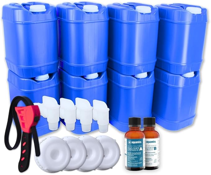 5-Gallon Stackable Water Storage Containers, Water Treatment,5 Gallons Each w/Lids + Spigot, Easy Fill, Survial Supply Emergency Water Storage for Disaster Preparedness, 40 Gallon (8 Tanks)